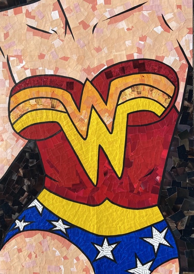 rrm -Wonder Woman. Oder Selbstbild nach der Reha I - Collage - Tape Art  - 40x60 - 2022