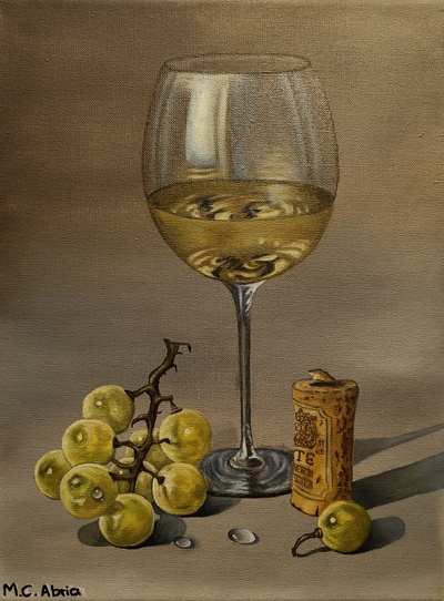 12 - ca - Weißweingenuss Trauben, Glas und Tropfen - Stilleben Ölmalerei - 30x40 - 2022