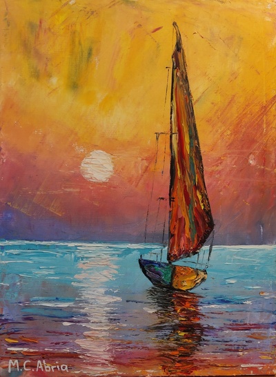 14 - ca - Sonnenuntergang Segelboot- Spachtel Technik Ölmalerei - 30x40 - 2020