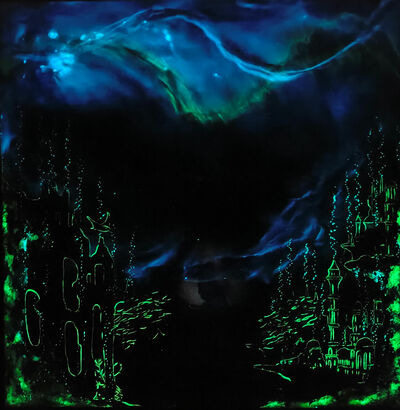 18 - ca - Versunkene Stadt (Glowing) - Resin Art Work - Epoxidharz - 100x100 - 2024