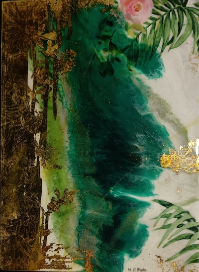 23 - ca - Goldene Oase mit funkeldem Blattgold - Resin Art Work - Epoxidharz -50x70 - 2023