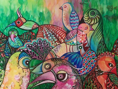 04..Paradiesvögel,  Acryl auf Leinwand 150 x 120 cm, gemalt 2019, BZ