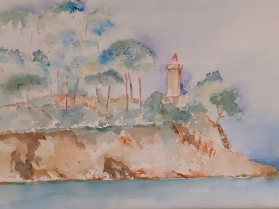 MB Aquarell auf Papier Insel mit Leuchtturm(Kroatien) 30x40cm €160,-